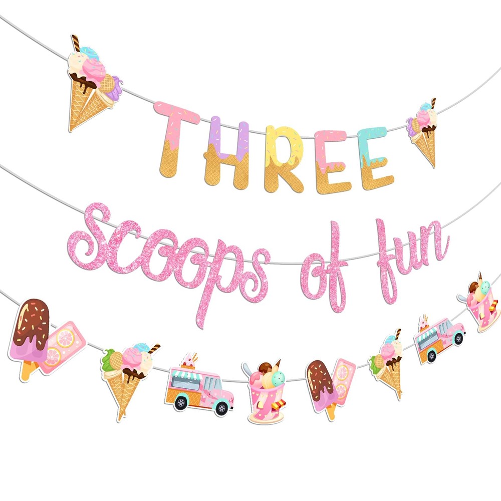 Jollyboom Three Scoops of Fun Banner Ice Cream 3rd Birthday Party Decoration