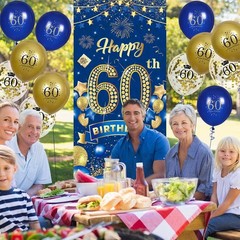 Complete 60th Birthday Decor – Navy Blue & Gold Banner with 18 Balloons Included