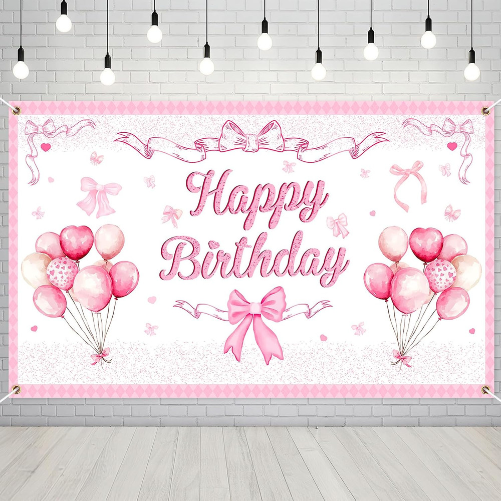 Coquette Birthday Decorations 71 X43 Inches Pink Bow Happy Birthday Backdrop Pho