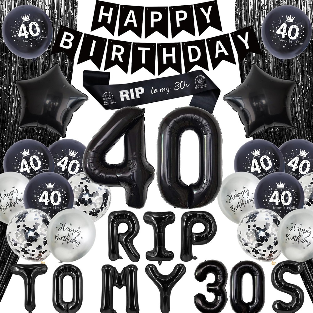 40th Birthday Decorations Black Silver – Happy Banner Rip to My 30s