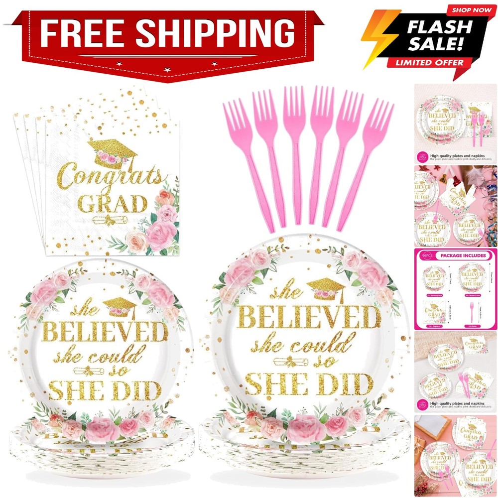 96Pcs Pink Graduation Decorations Class of 2026 Disposable Floral Congrats Gr…
