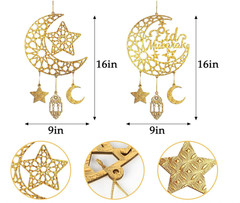 Ramadan Decorations, Eid Mubarak Moon & Star Wooden Hanging Decorations