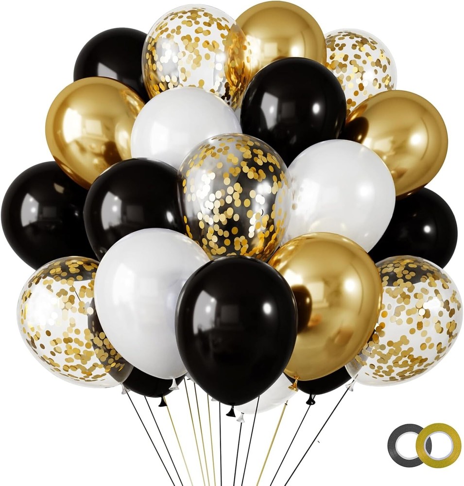 65pcs 12 Inches Black Gold Confetti Balloons Kit Metallic Gold and Black White