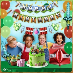 Pixel Birthday Decorations – Pixel Happy Birthday Banner with Balloons, Pre-S…