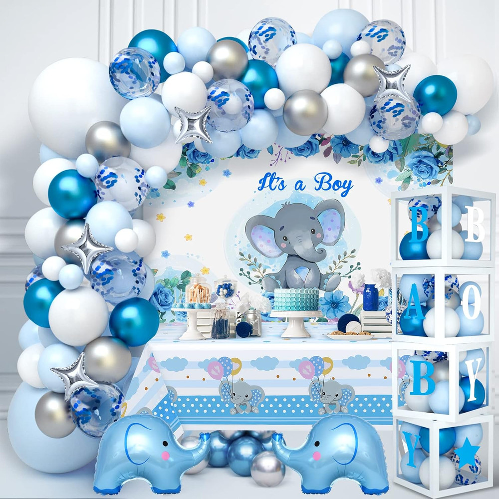 155Pcs Elephant Baby Shower Decorations for Boy, Boxes with Letters/ Blue Balloo