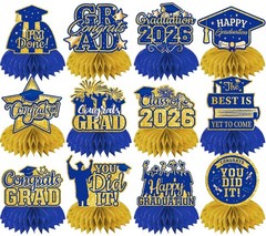 12Pcs Blue and Gold Graduation Decorations 2026 Honeycomb Centerpieces