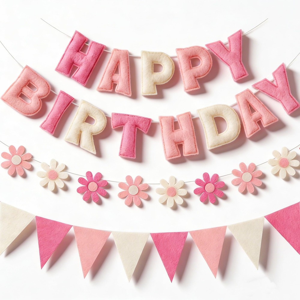 Felt Birthday Decorations, NO DIY, Pre-Strung 3D Felt Happy Birthday Banner w…