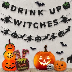 Halloween Decorations – Drink Up Witches Banner and Bat Garland with Witch, P…
