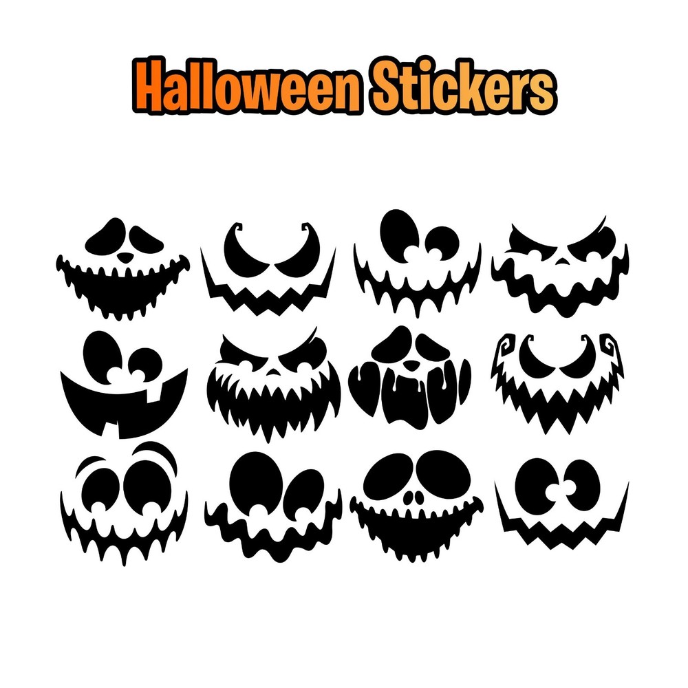 12 SCARY PUMPKIN FACES HALLOWEEN STICKER SET FOR DECORATION / WINE GLASS VINYL