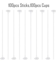 100 Pieces White Plastic Balloon Sticks Holders and Cups 12.6 Inch