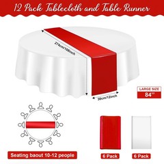 12-Pack 12×108″ Satin Table Runner & 84″ Round Plastic Tablecloths Set Red/White