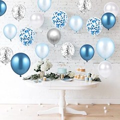 60 Light Blue, White, Silver Metallic Balloons Confetti Decoration for Birthday