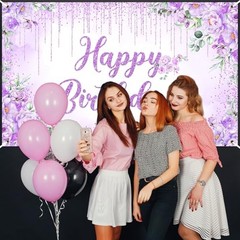 Happy Birthday Backdrop Banner for Girls Women Happy Birthday 6×3.6ft Purple