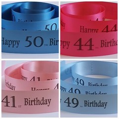 Birthday Ribbon Age 41 to 50 available in 20 colours 25mm x 1 metre cake or gift