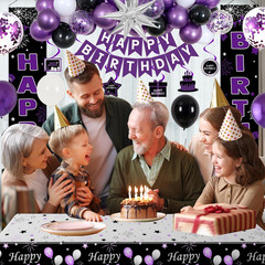 Black and Purple Birthday Decorations for Women Girls, Happy Birthday Decoration