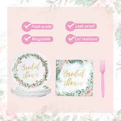 Bridal Shower Decorations Party Tableware – Pink and Gold Floral Paper Plates,De