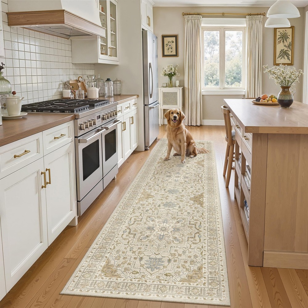 Madane Runner Rug 2×8, Washable Hallway 2′ x 8′ (Runner), Beige/Blue