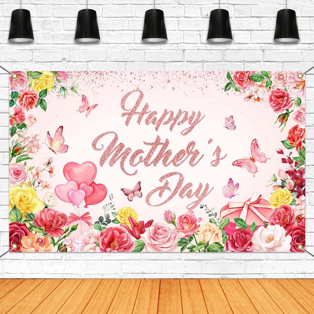 Happy Mother’s Day Banner Large Mother’s Day Party Decorations Banner Pink Flora
