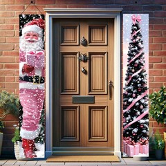 2PCS Pink Christmas Porch Banners 71 x 12 Inch Santa and Tree Decorations wit…