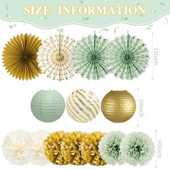 Sage Green Party Decorations, 14 Pcs Green and Gold Hanging Fans, Lanterns, P…