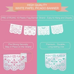 5 Pack White Papel Picado Banner, Large Plastic Mexican 16.5 ft,