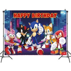 Sonic the Hedgehog Happy Birthday Backdrop 5×3.5ft,for Kids Birthday Party Decor