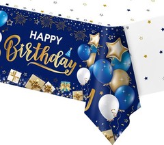 Happy Birthday Decorations, 1 Pcs Navy Blue and Gold Birthday Tablecloth for …