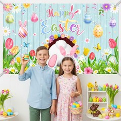 Mocsicka Happy Easter Banner Backdrop Blue Wooden Doors Bunny