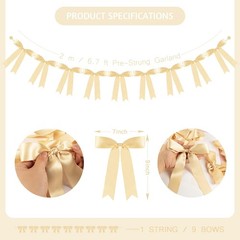 Champagne Bow Garland Banner 1 String 9 PCS, Pre-Strung Satin Ribbon Bow