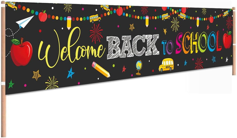 Welcome Back to School Decorations Banner Backdrop Black First Day of School Pen