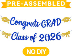 Blue and Gold Graduation Decorations Banner 2026,Glitter Blue and Gold Class of