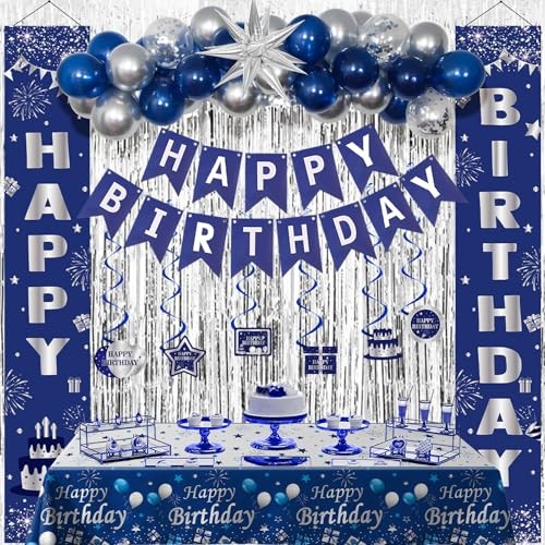 Blue Birthday Decorations for Men Women Boys, Happy Birthday Blue Silver