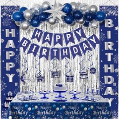 Blue Birthday Decorations for Men Women Boys, Happy Birthday Blue Silver