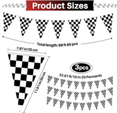 Kids Race Car Banner Set, Checkered Flag Pennant Banners, 98 Feet, Black and
