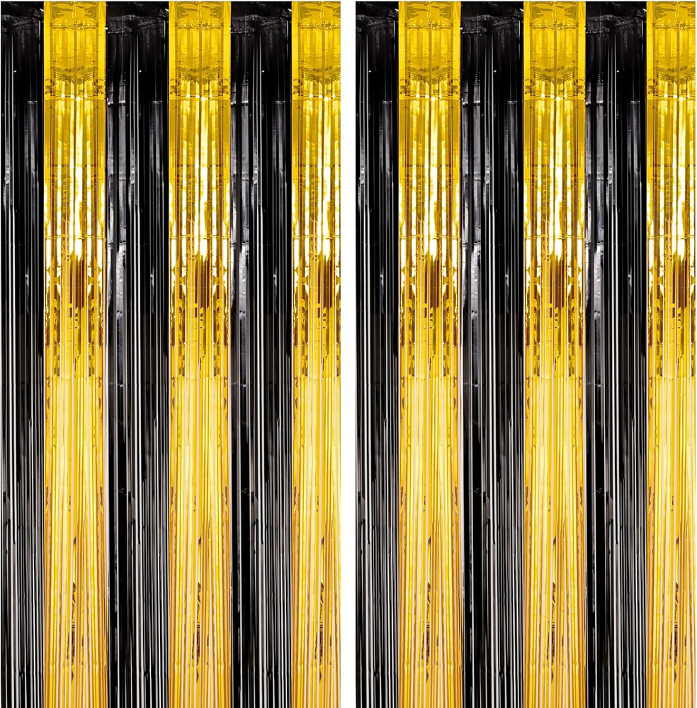 4 Pack Black and Gold Foil Fringe Backdrop Curtains, Tinsel Streamers Birthday P