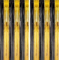 4 Pack Black and Gold Foil Fringe Backdrop Curtains, Tinsel Streamers Birthday P