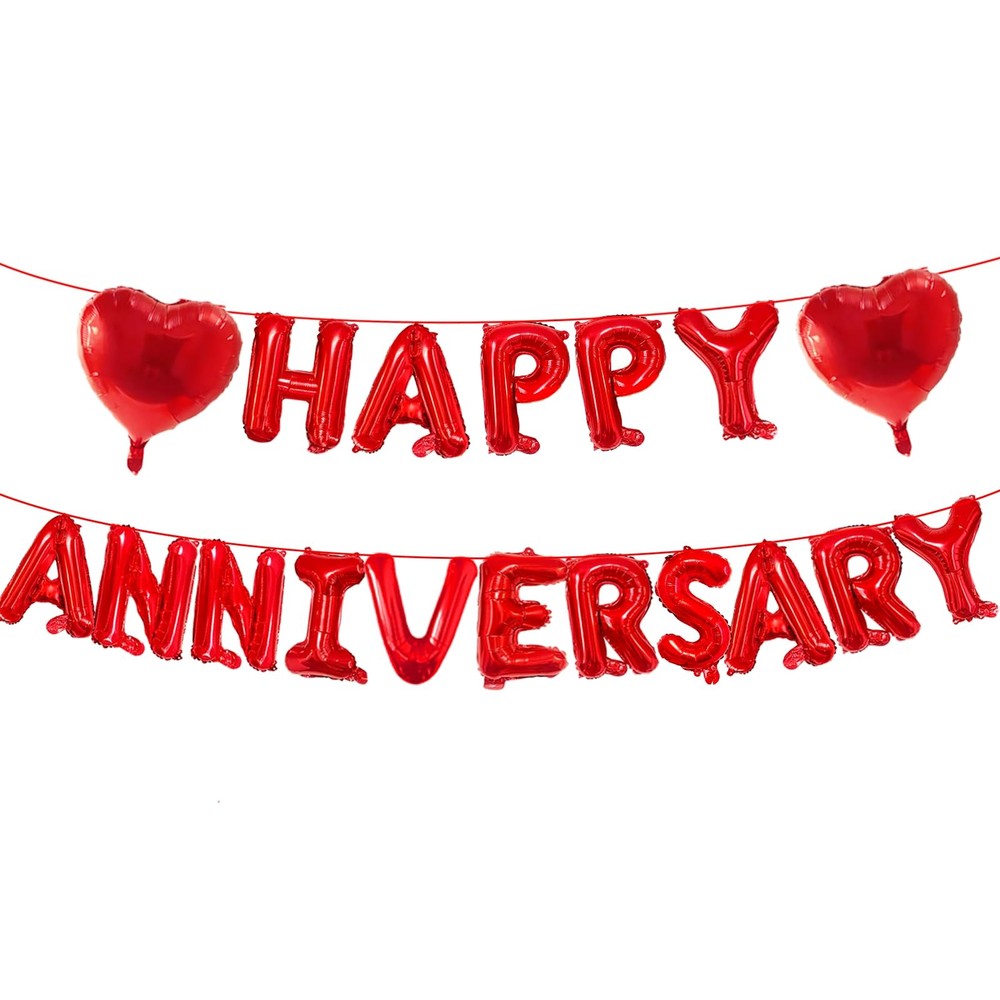 16 Inches Red HAPPY ANNIVERSARY Letter Balloons Banner with Two 18-Inch Heart…