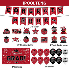Graduation Decorations 2026 Set – Red Themed Congrats Grad Banner, Backdrop, Han