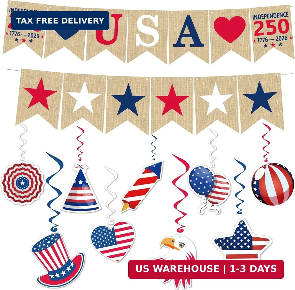250th Anniversary Decorations – Hanging Swirls 250 Anniversary USA Banner | Four