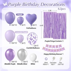Metallic Silver White Lavender Purple Balloons, Happy Birthday Banner, Cake T…