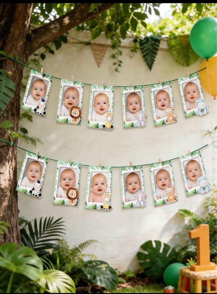 First 1st Birthday Picture Month Milestone Photo Banner Baby Jungle Animal Theme