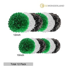 12 PCS Black Green White Paper Pom Poms Tissue Flowers 10/12 Inch Party