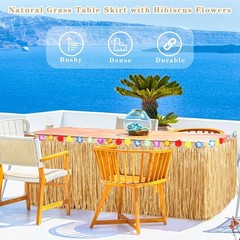 4 Pack Thickened Grass Table Skirt Natural with Hibiscus Flowers 400g Hawaiian