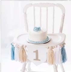 Boho Blue Handmade 1st Birthday Baby Boy High Chair Highchair Banner Party Photo