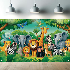 Jungle Animal Birthday Backdrop 71 X 43 Inch Safari Zoo Cartoon Banner with Lion