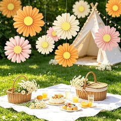 10 PCS Daisy Paper Flowers Decorations Pink Orange Fans Hanging Decor Party
