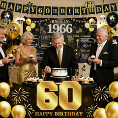 60Th Birthday Decorations for Men Women Black Gold, 37PCS Pre-Strung Happy Birth