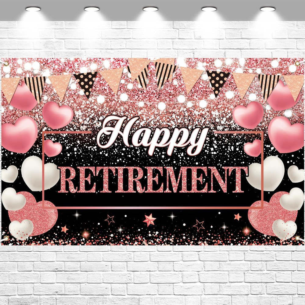 Happy Retirement Party Backdrop Banner Decorations Rose Gold Large Background