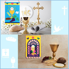 Oudain 2 Sets 12 x 18 Inch First Communion Banner Kit for Boys Girls Catholic Ch