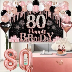 49-Piece Rose Gold & Black 80th Birthday Decorations Set for Elegant Parties